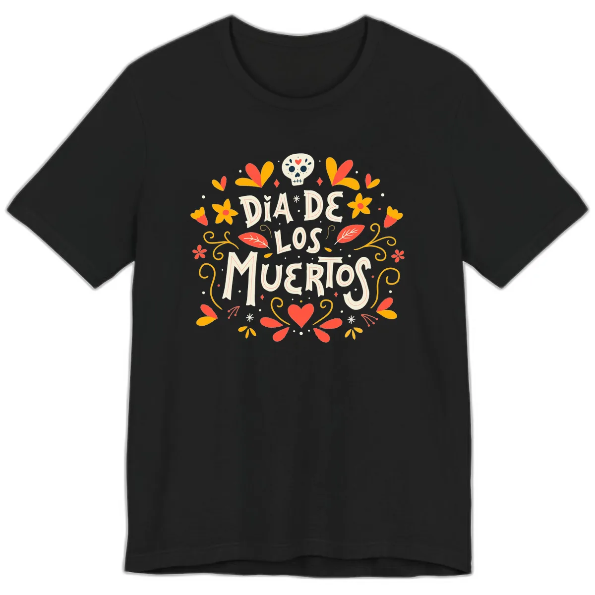Día de los Muertos Skull and Floral Wreath Premium T-Shirt in Black