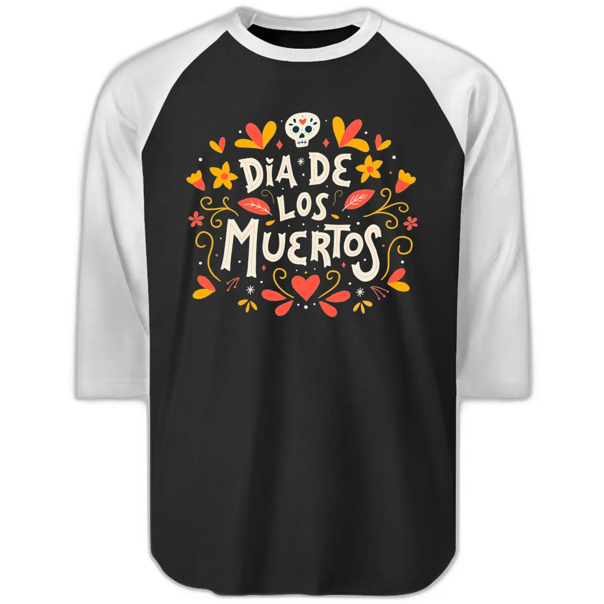 Día de los Muertos Skull and Floral Wreath Raglan 3/4 in Black White
