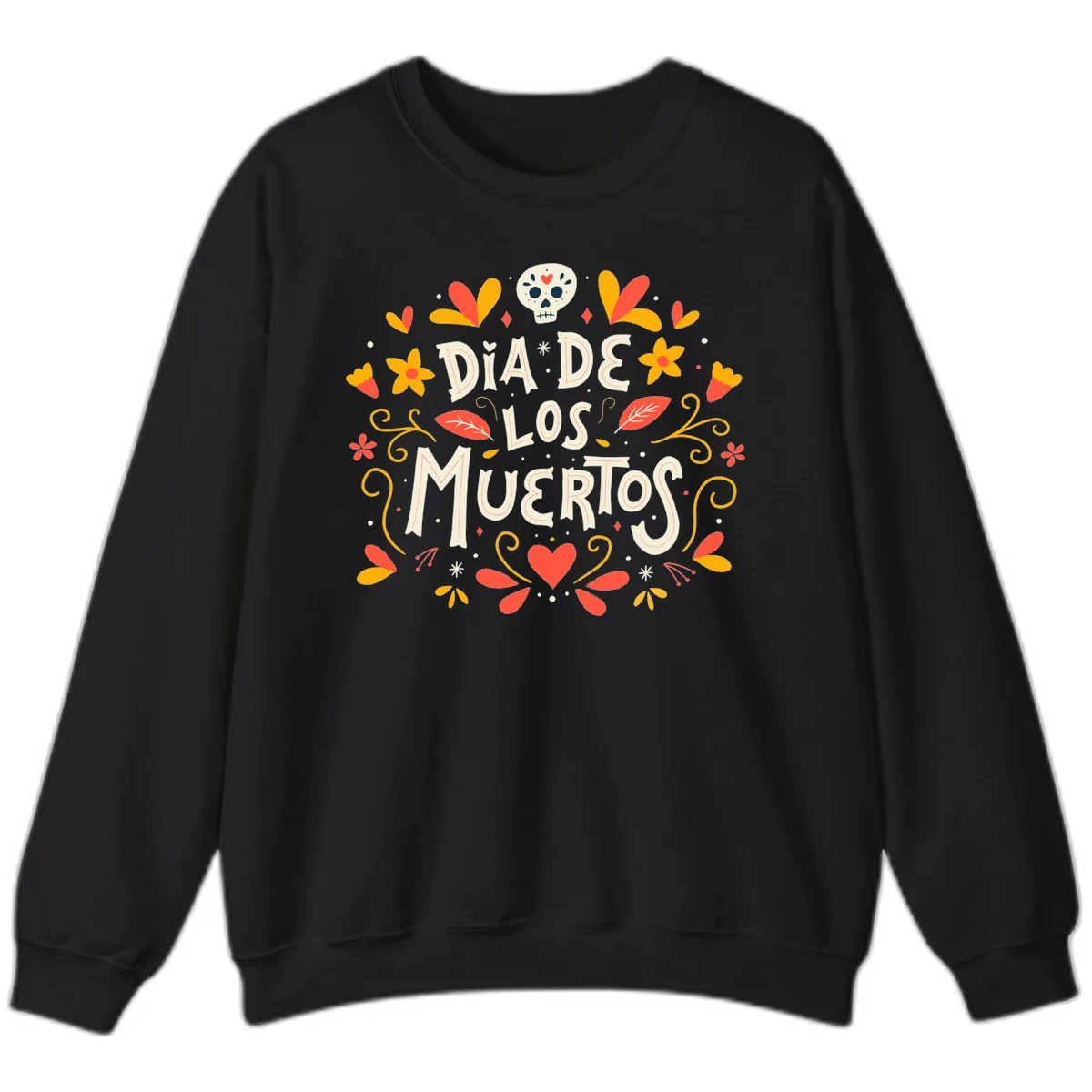 Día de los Muertos Skull and Floral Wreath Sweatshirt in Black