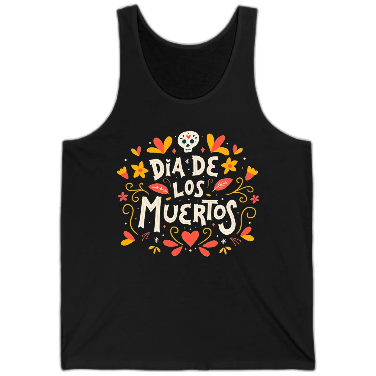 Día de los Muertos Skull and Floral Wreath Tank in Black