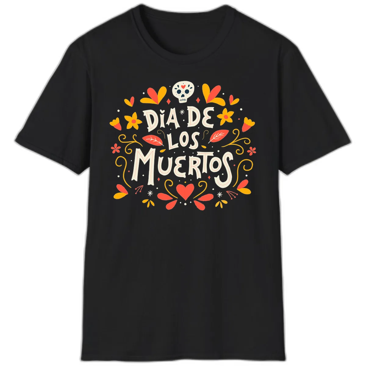 Día de los Muertos Skull and Floral Wreath T-Shirt in Black