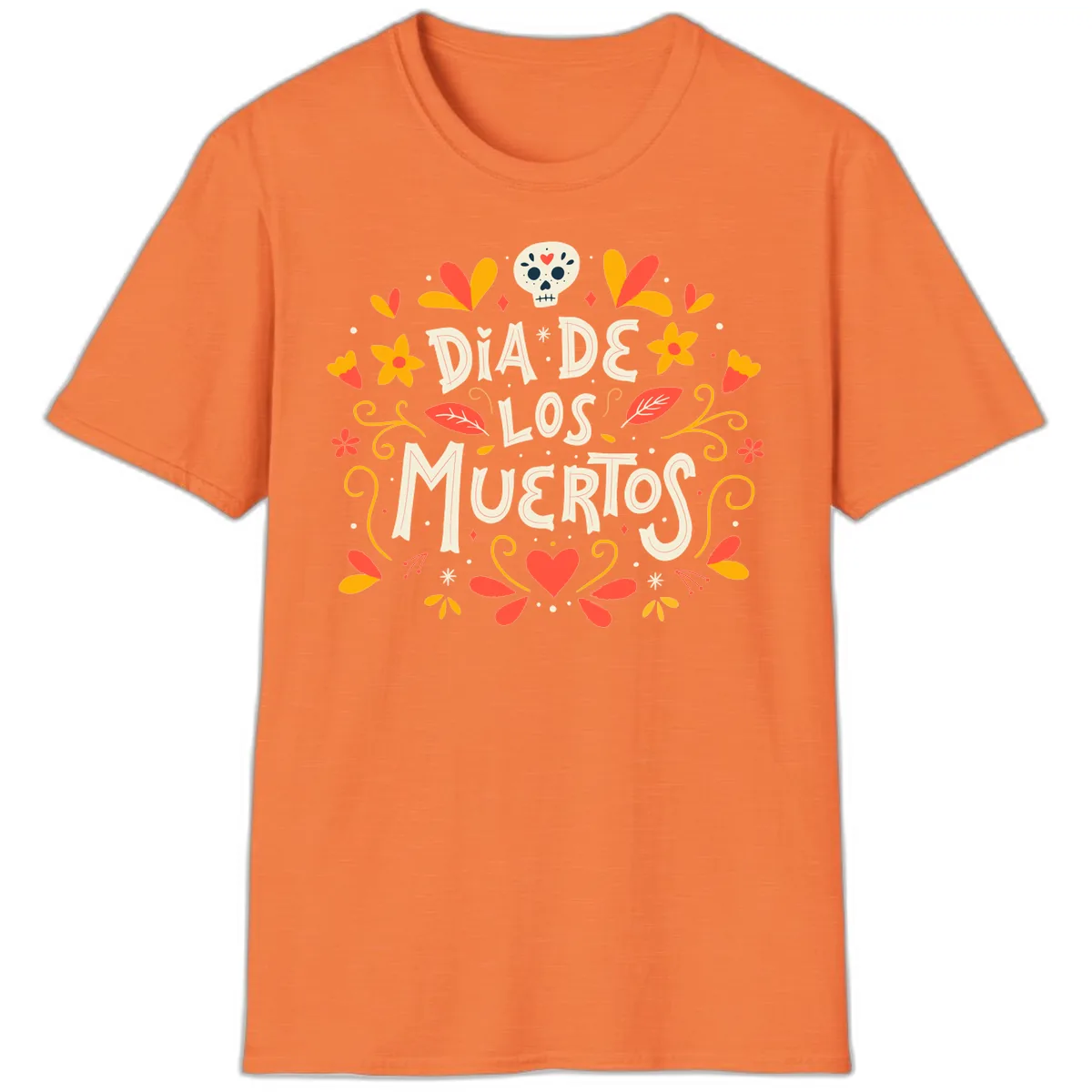 Día de los Muertos Skull and Floral Wreath T-Shirt in Heather Orange