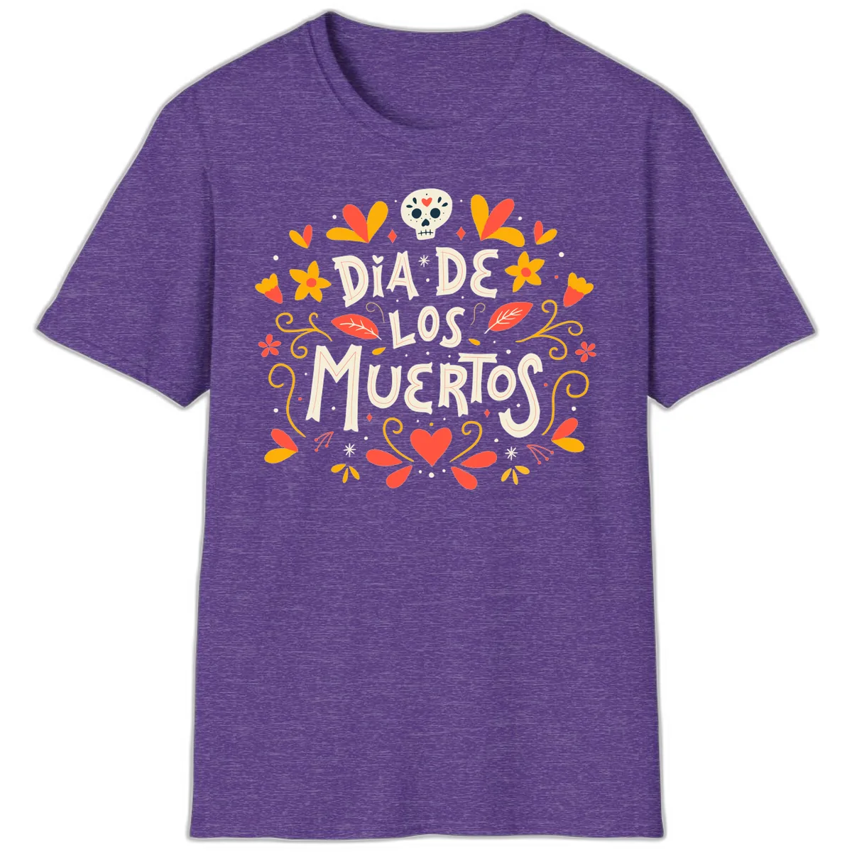 Día de los Muertos Skull and Floral Wreath T-Shirt in Heather Purple