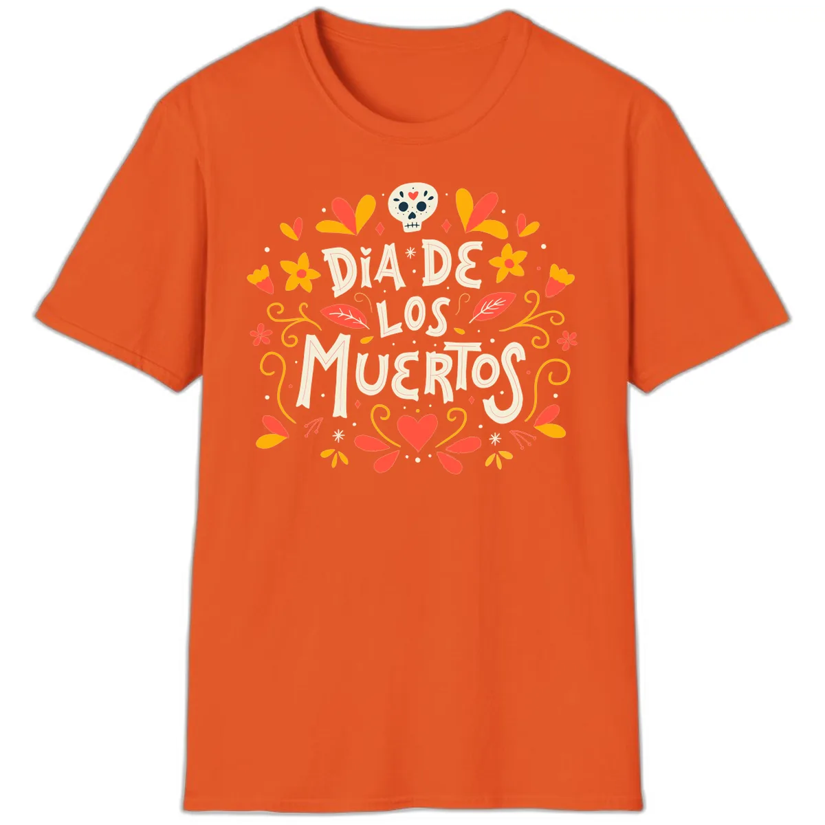 Día de los Muertos Skull and Floral Wreath T-Shirt in Orange
