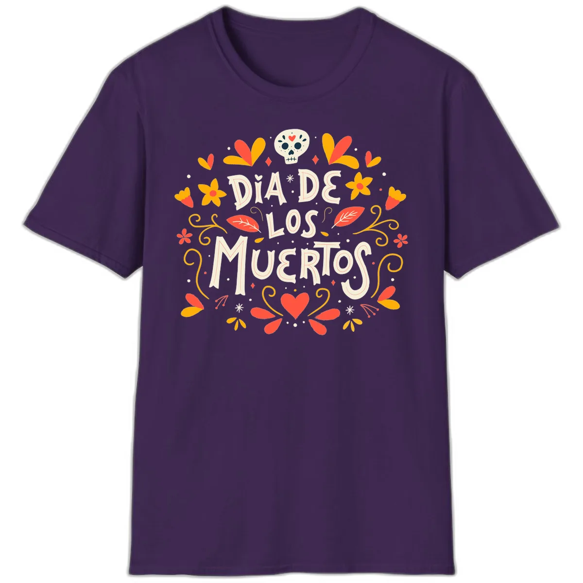 Día de los Muertos Skull and Floral Wreath T-Shirt in Purple