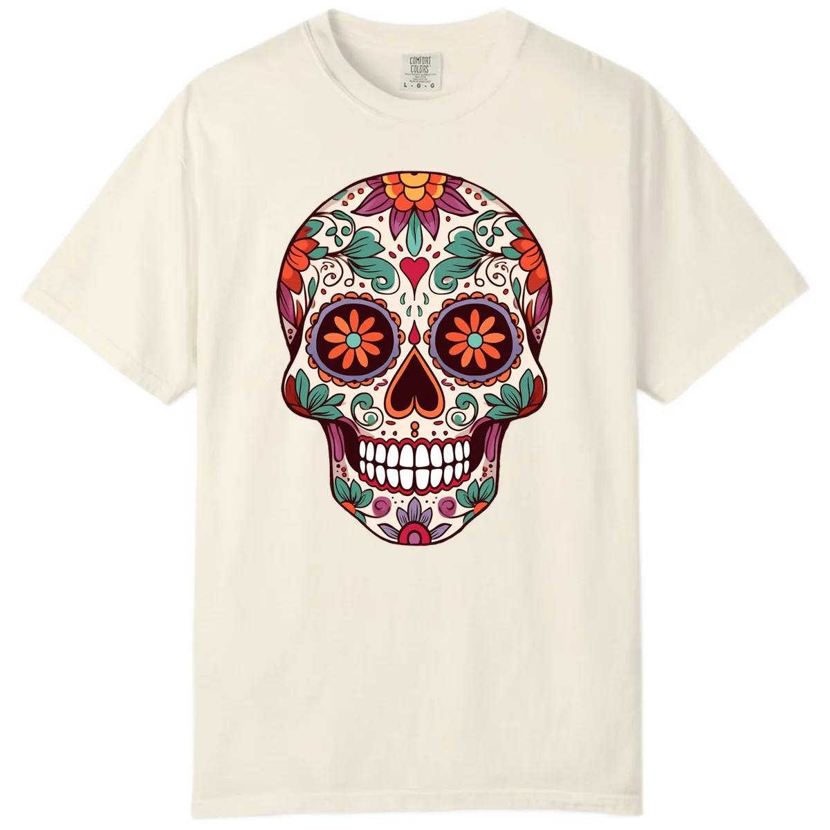 Vibrant Floral Calavera Day of the Dead Skull Comfort Color in Ivory