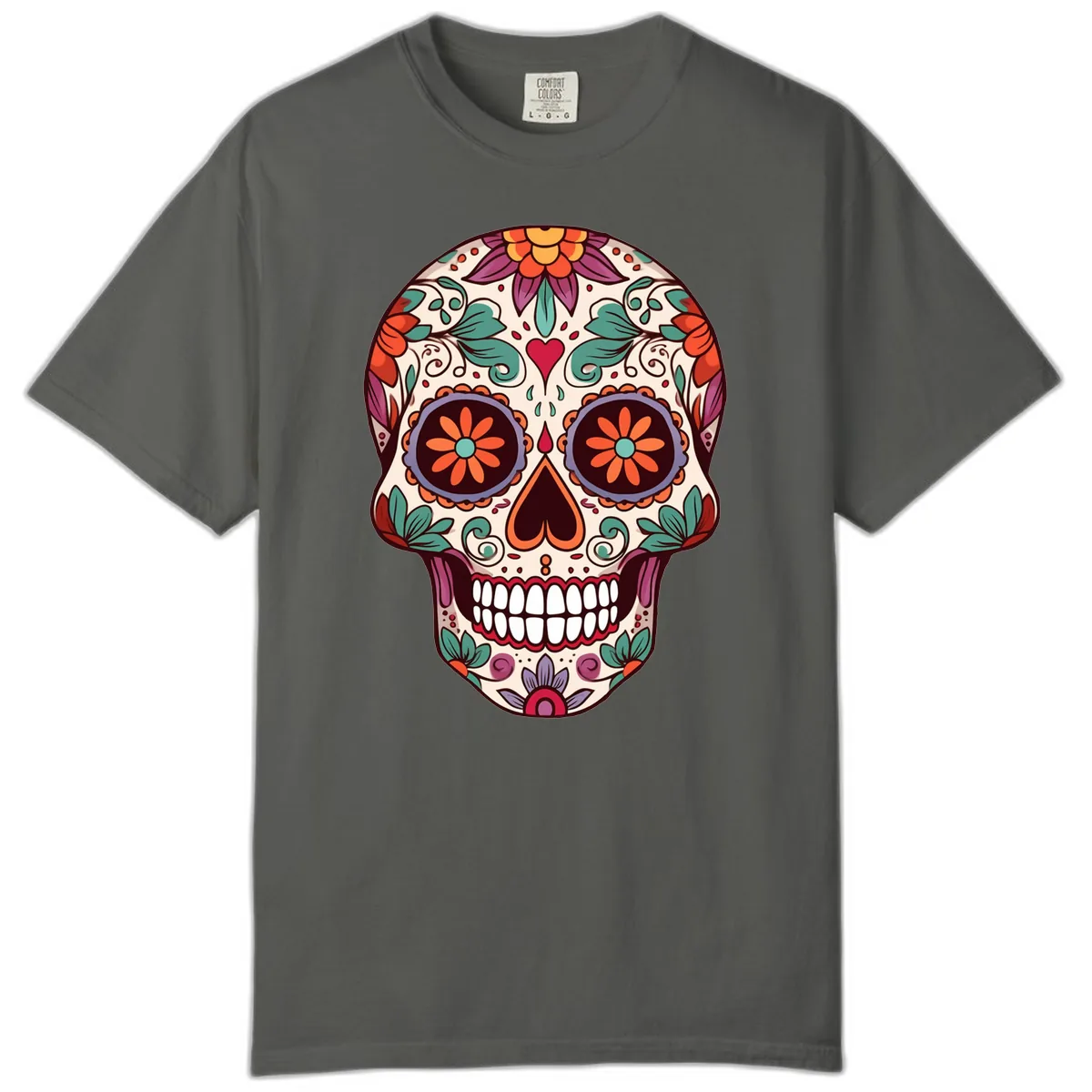 Vibrant Floral Calavera Day of the Dead Skull Comfort Color in Pepper