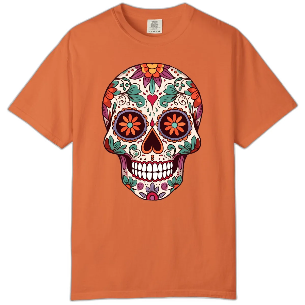 Vibrant Floral Calavera Day of the Dead Skull Comfort Color in Burnt Orange