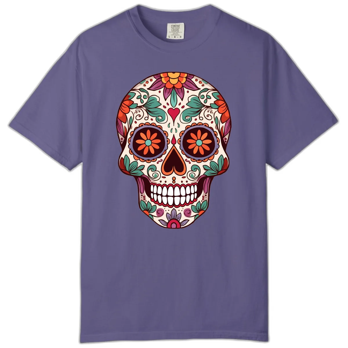 Vibrant Floral Calavera Day of the Dead Skull Comfort Color in Grape