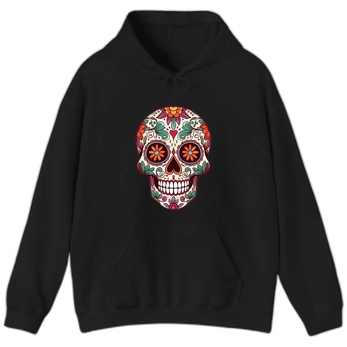Vibrant Floral Calavera Day of the Dead Skull Hoodie in Black