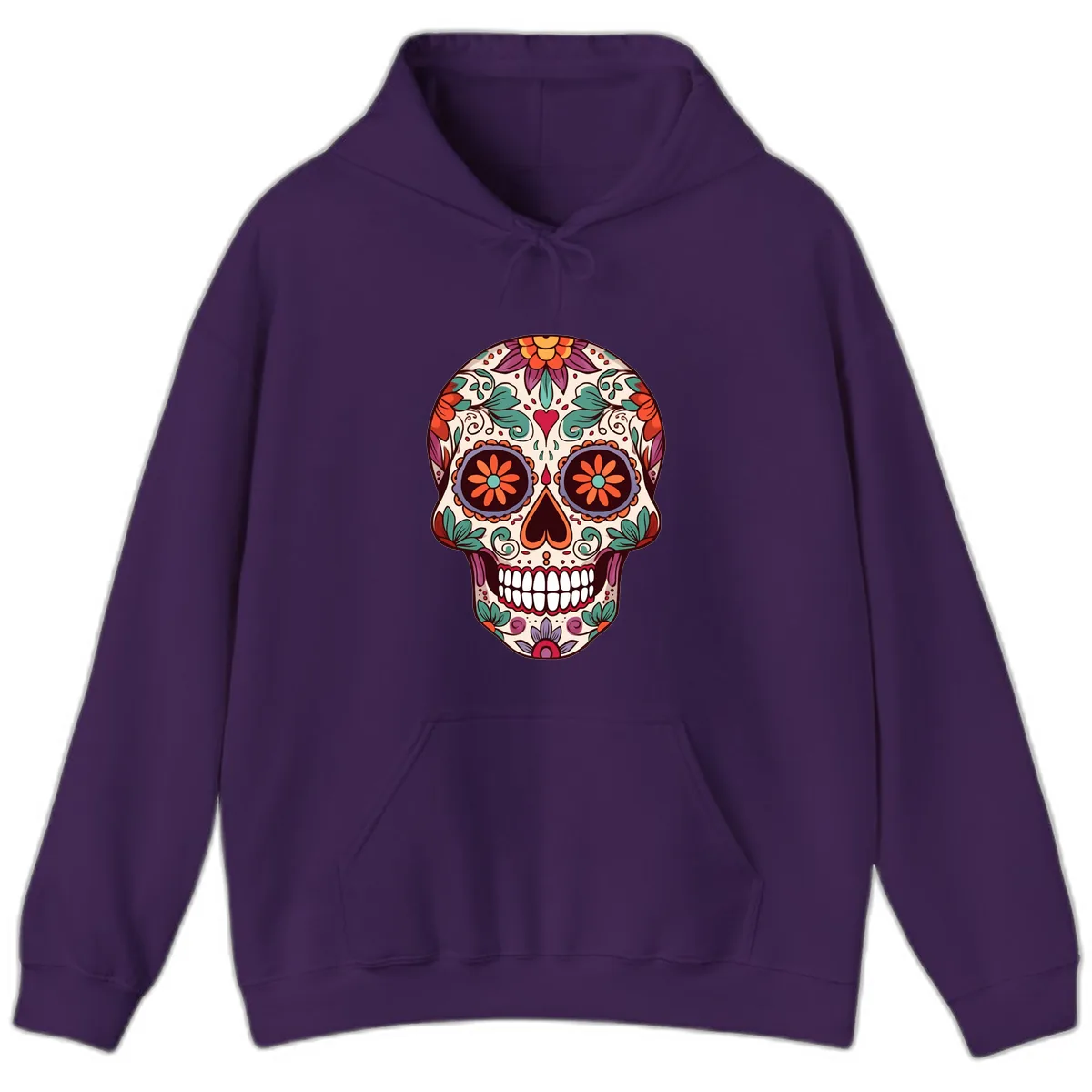 Vibrant Floral Calavera Day of the Dead Skull Hoodie in Purple