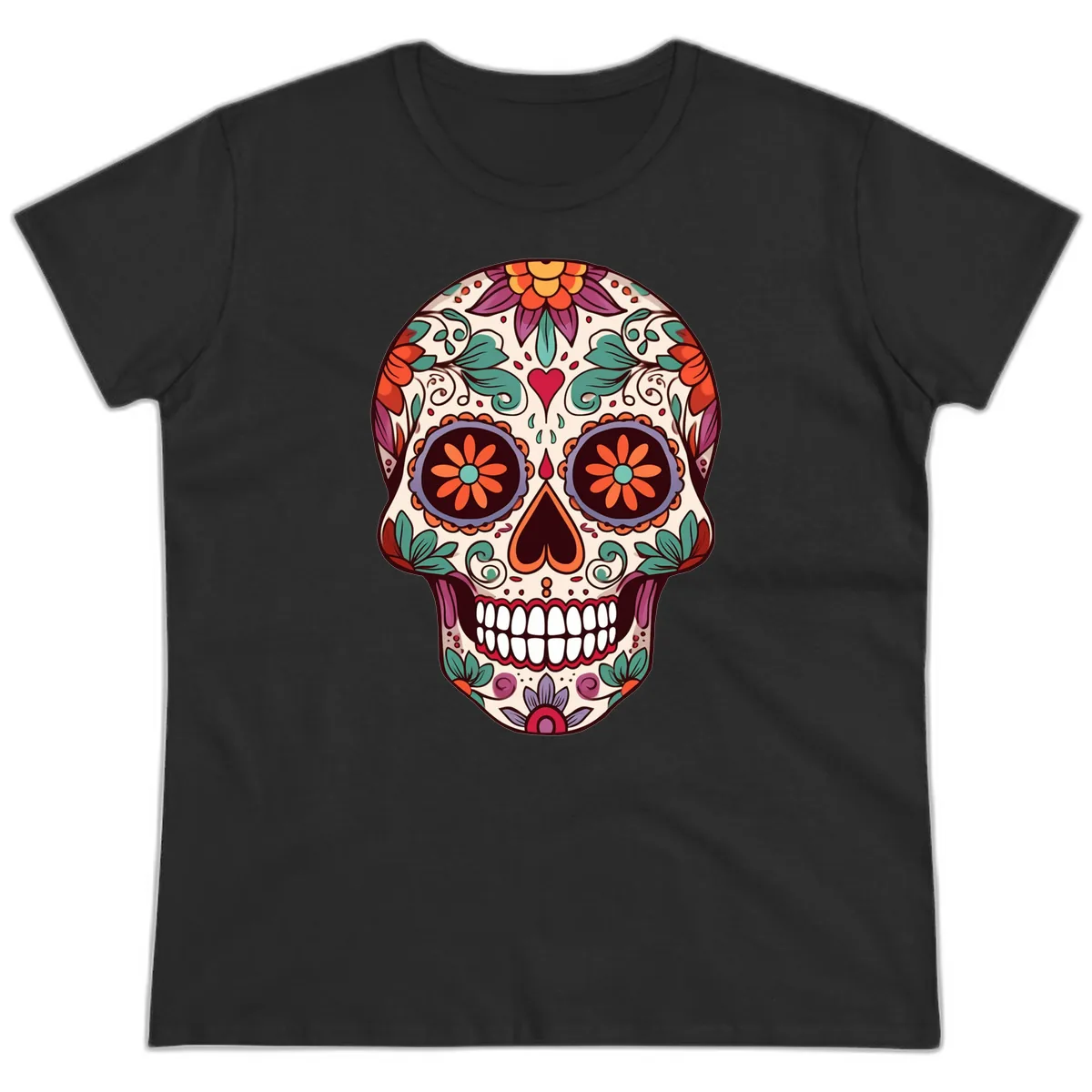 Vibrant Floral Calavera Day of the Dead Skull Ladies Tee in Black