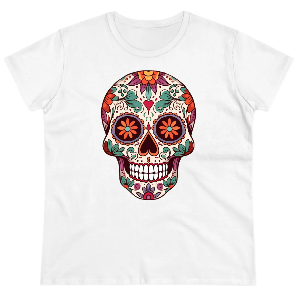 Vibrant Floral Calavera Day of the Dead Skull Ladies Tee in White