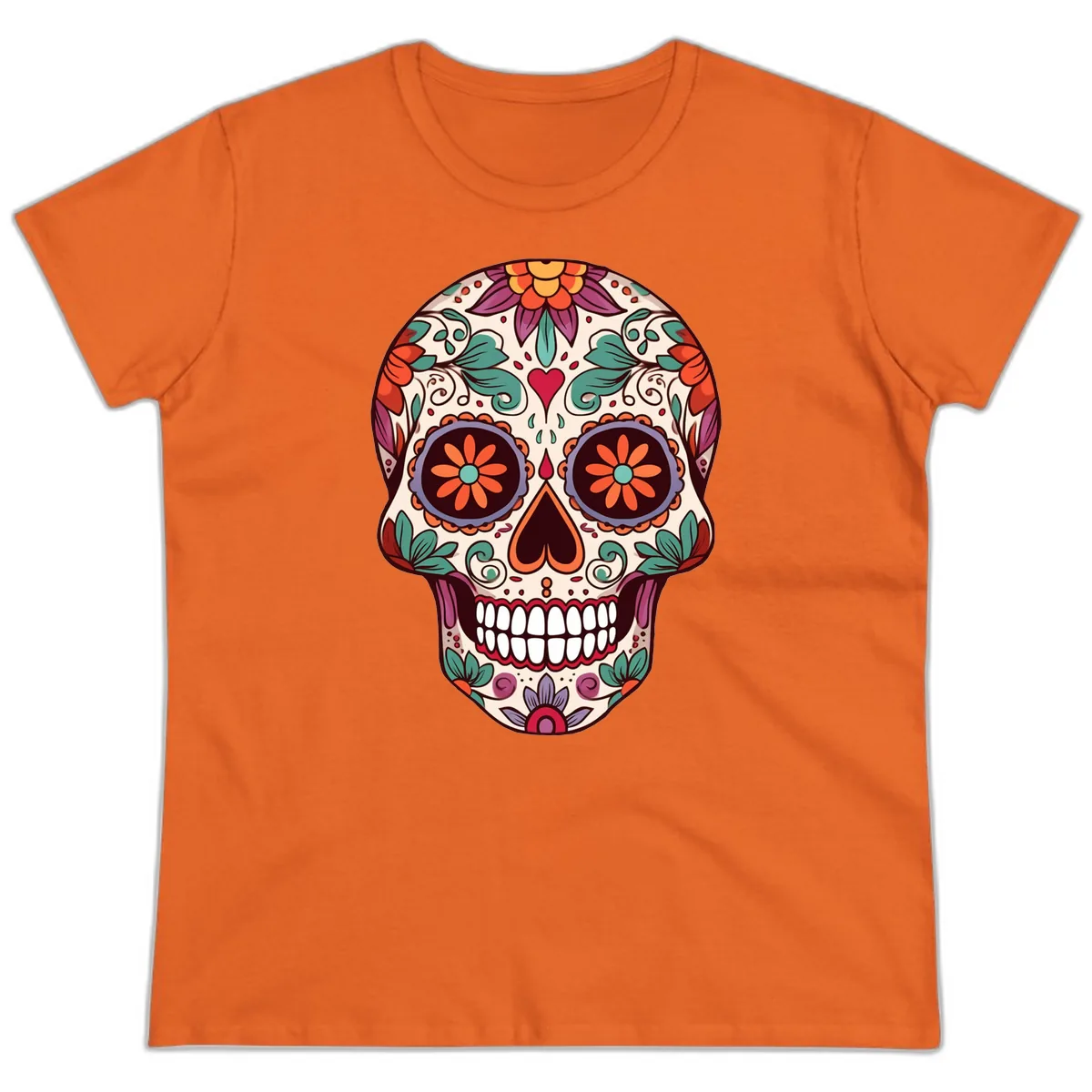 Vibrant Floral Calavera Day of the Dead Skull Ladies Tee in Orange