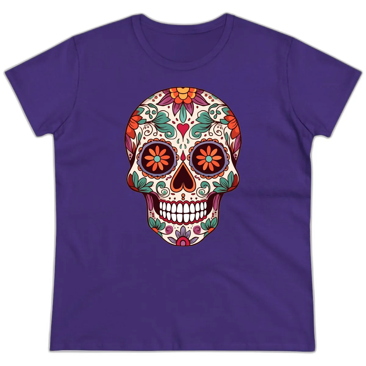 Vibrant Floral Calavera Day of the Dead Skull Ladies Tee in Purple