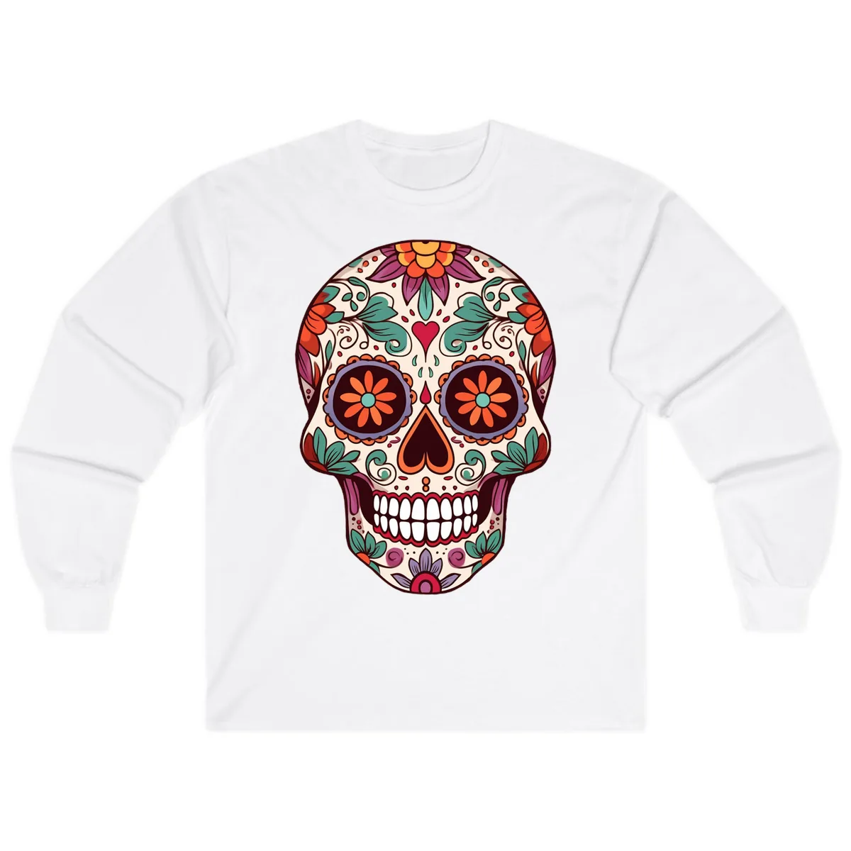 Vibrant Floral Calavera Day of the Dead Skull Long Sleeve in White