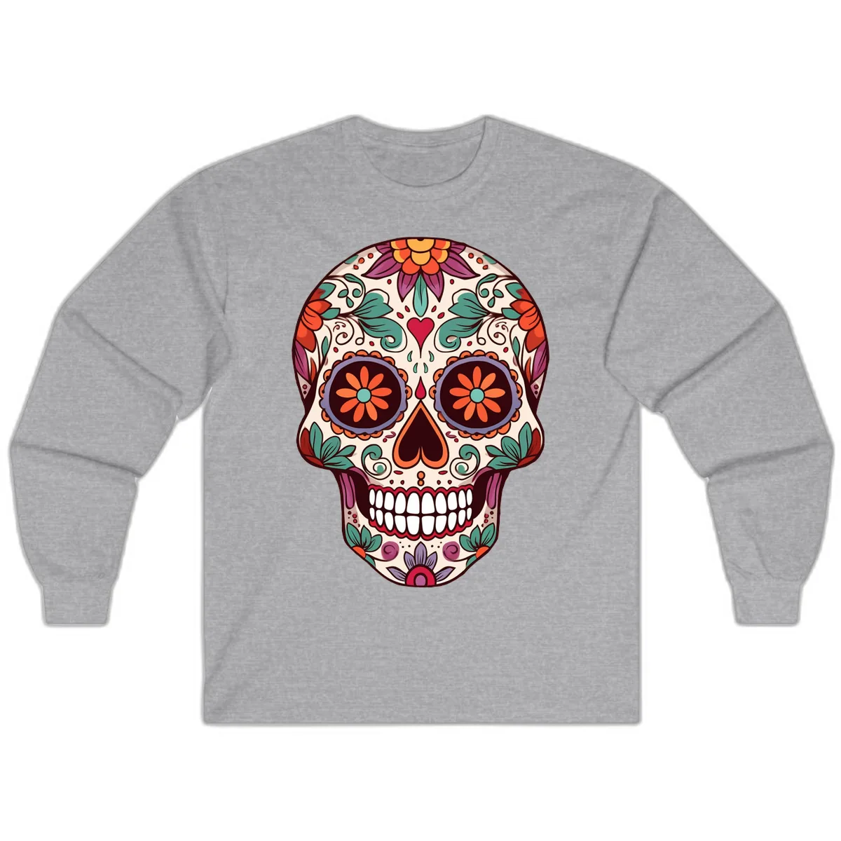 Vibrant Floral Calavera Day of the Dead Skull Long Sleeve in Sport Grey