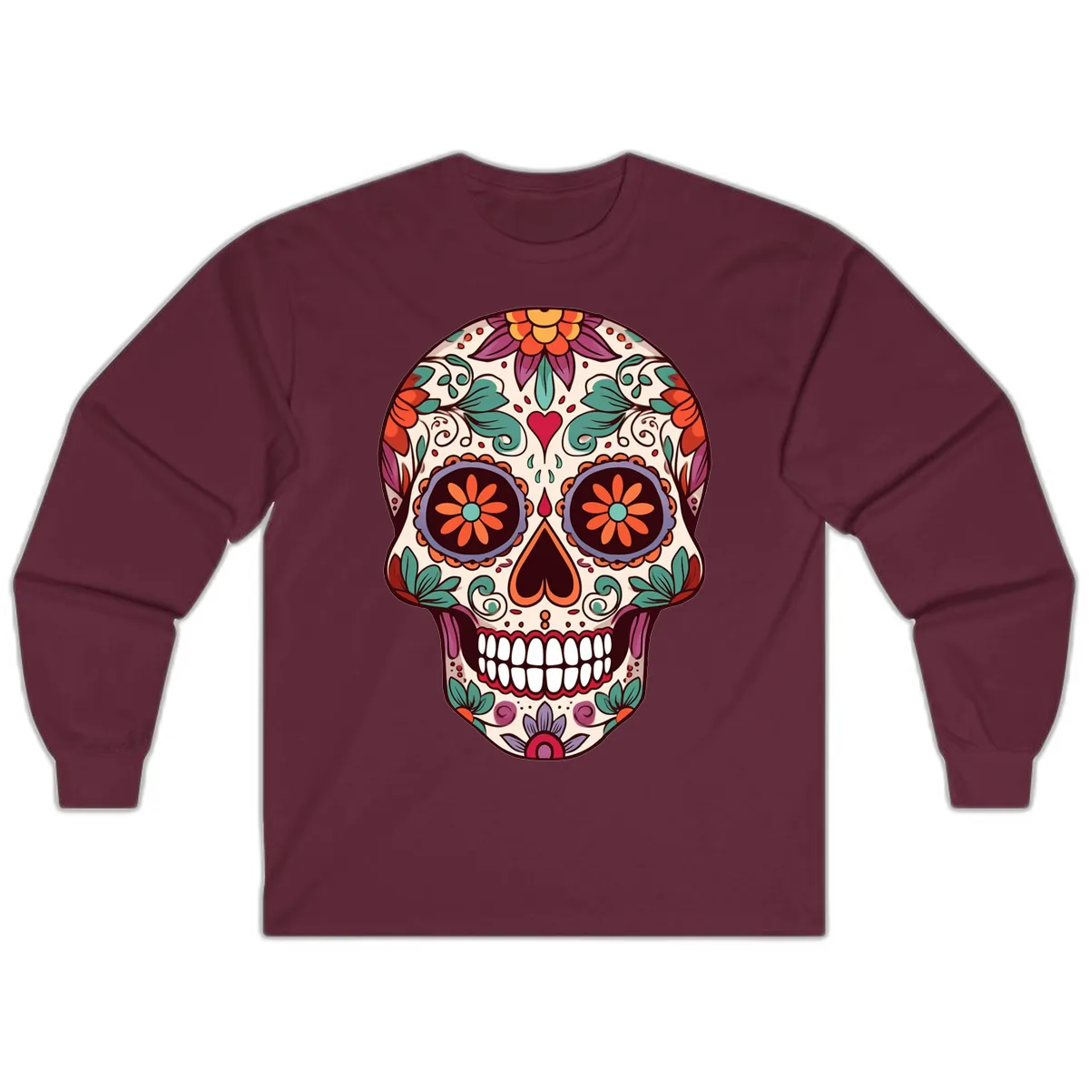 Vibrant Floral Calavera Day of the Dead Skull Long Sleeve in Maroon
