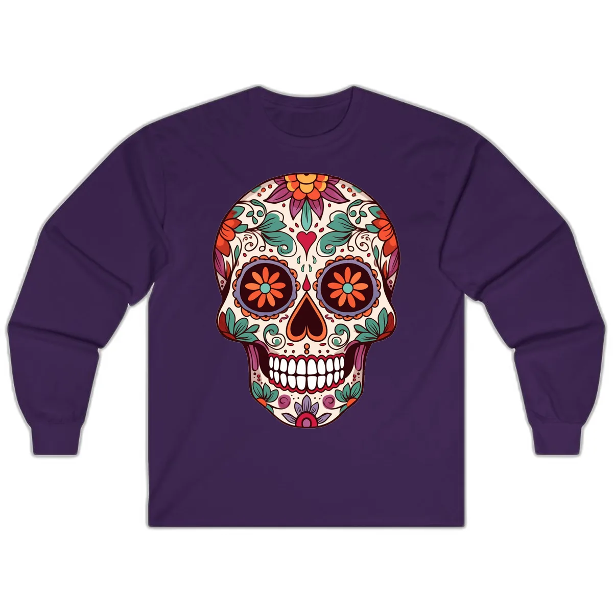 Vibrant Floral Calavera Day of the Dead Skull Long Sleeve in Purple