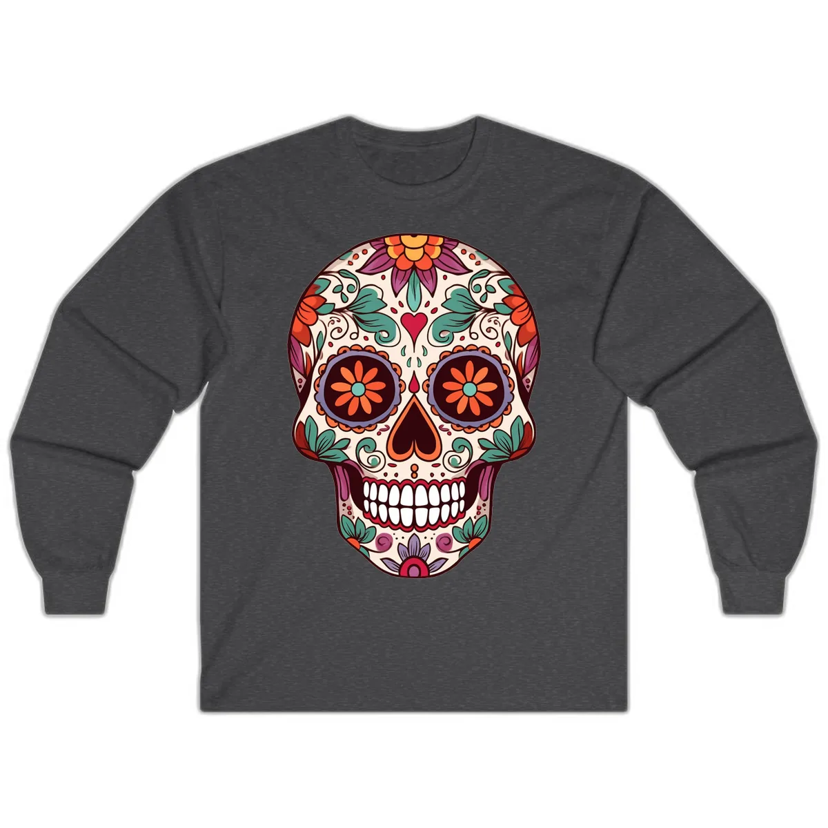 Vibrant Floral Calavera Day of the Dead Skull Long Sleeve in Dark Heather