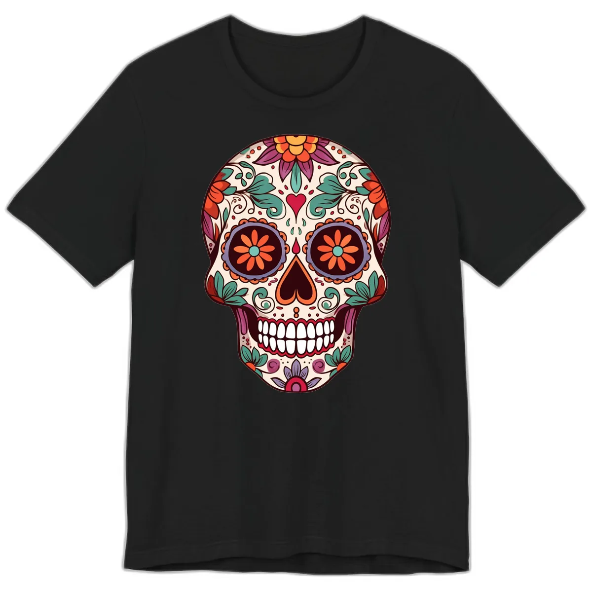 Vibrant Floral Calavera Day of the Dead Skull Premium T-Shirt in Black