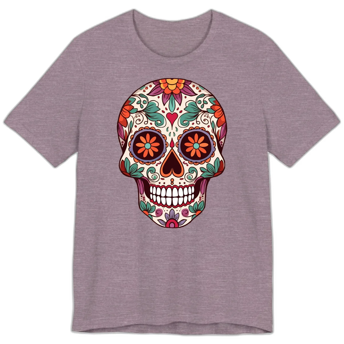 Vibrant Floral Calavera Day of the Dead Skull Premium T-Shirt in Heather Purple
