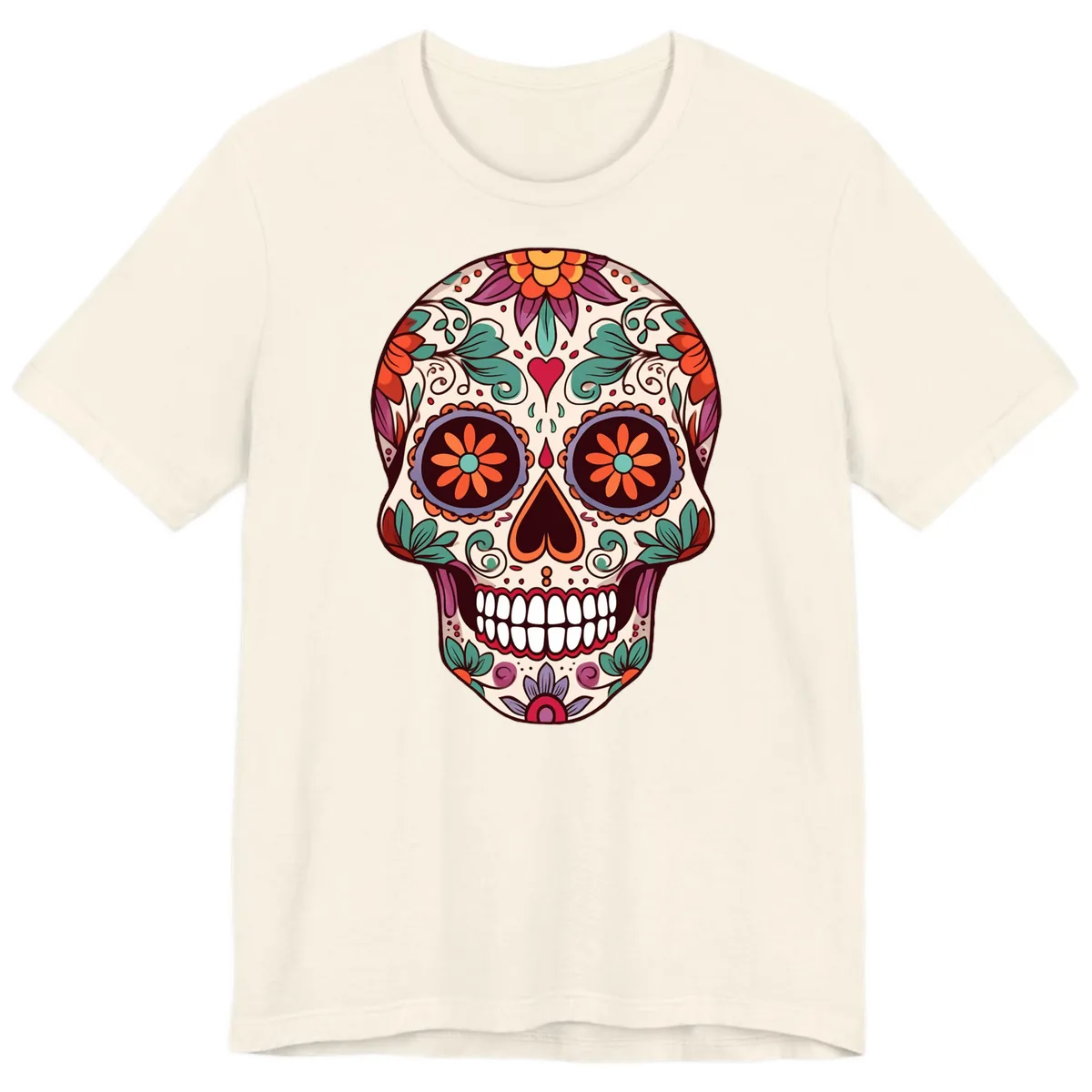 Vibrant Floral Calavera Day of the Dead Skull Premium T-Shirt in Natural