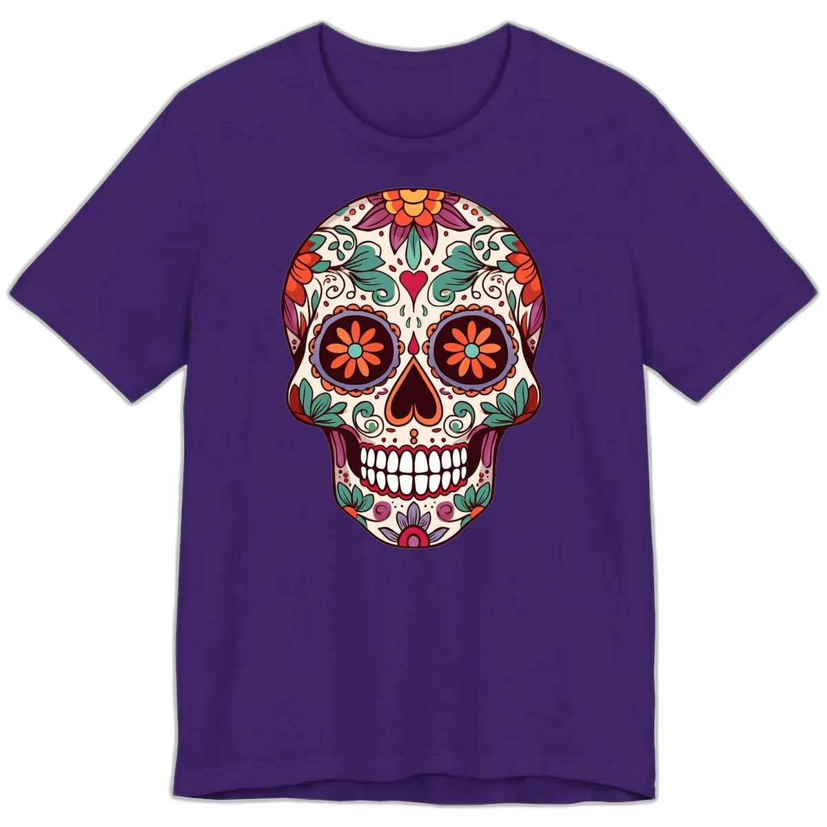 Vibrant Floral Calavera Day of the Dead Skull Premium T-Shirt in Team Purple
