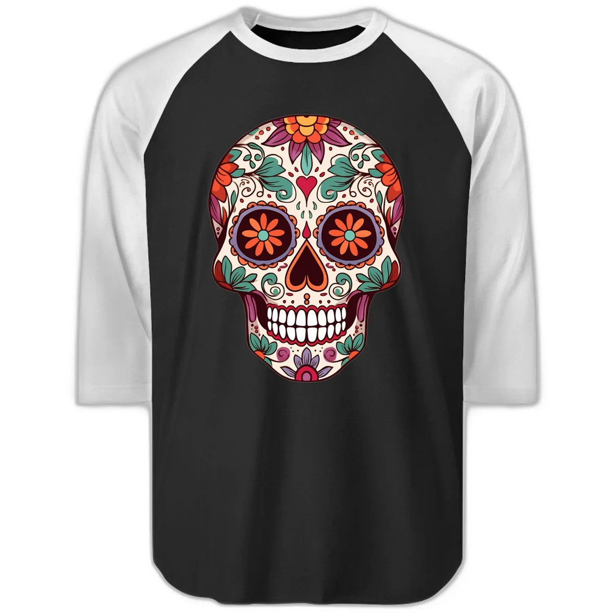 Vibrant Floral Calavera Day of the Dead Skull Raglan 3/4 in Black White