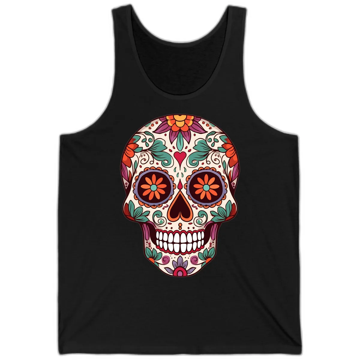 Vibrant Floral Calavera Day of the Dead Skull Tank in Black