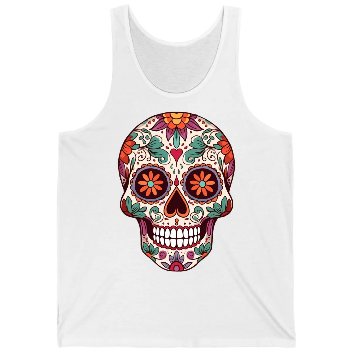 Vibrant Floral Calavera Day of the Dead Skull Tank in White