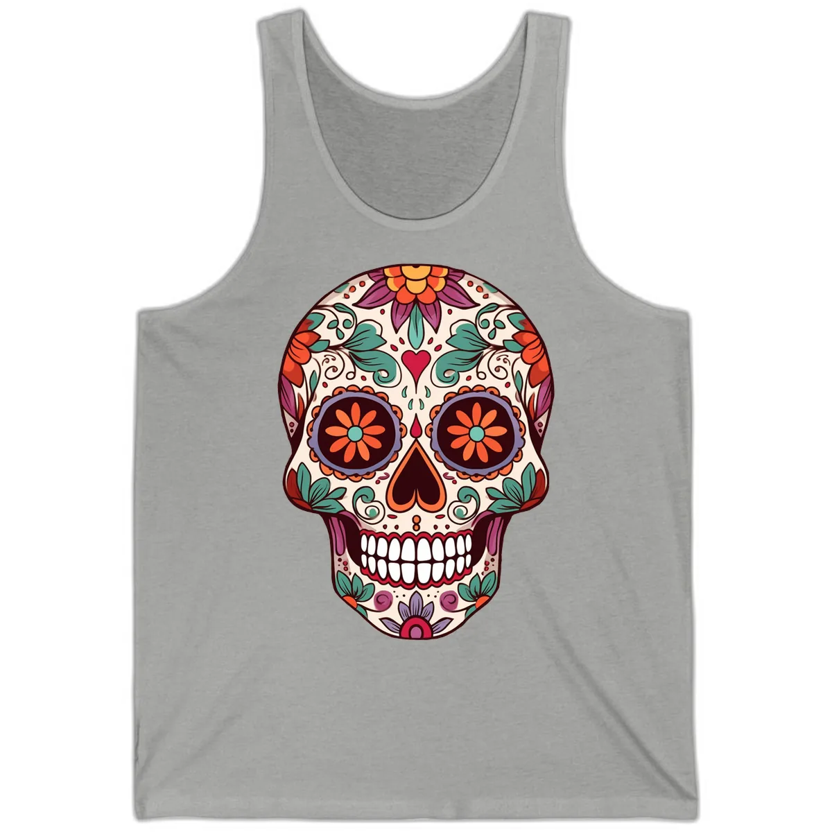 Vibrant Floral Calavera Day of the Dead Skull Tank in Athletic Heather