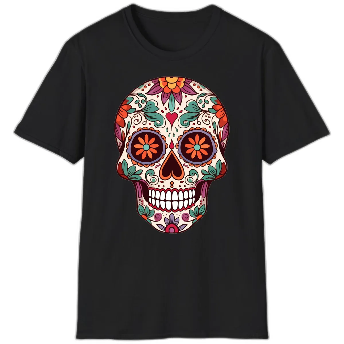Vibrant Floral Calavera Day of the Dead Skull T-Shirt in Black