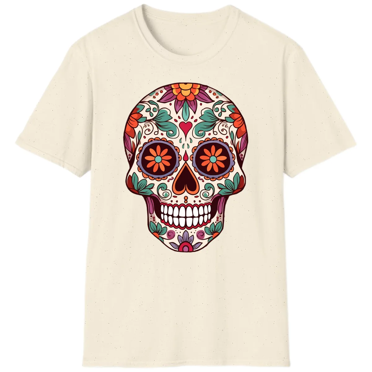 Vibrant Floral Calavera Day of the Dead Skull T-Shirt in Natural