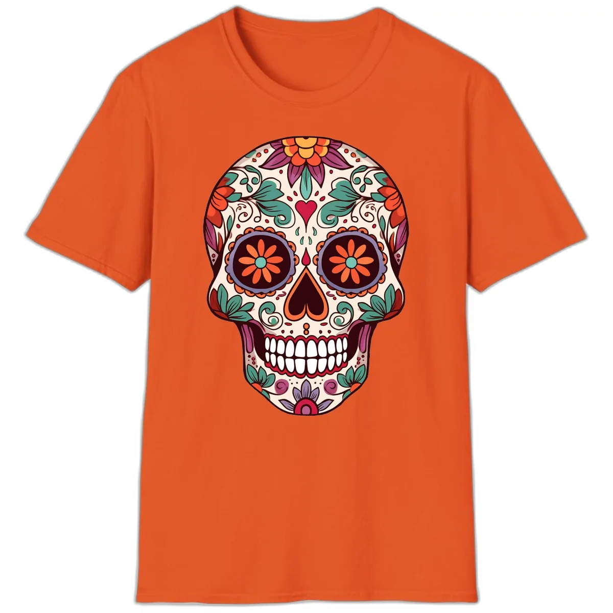 Vibrant Floral Calavera Day of the Dead Skull T-Shirt in Orange