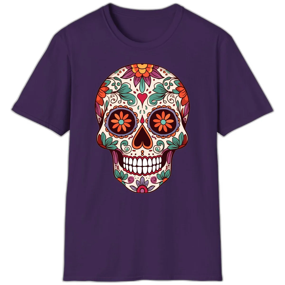 Vibrant Floral Calavera Day of the Dead Skull T-Shirt in Purple