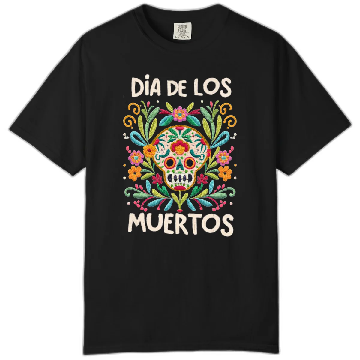 Día de los Muertos Embroidered Sugar Skull Comfort Color in Black