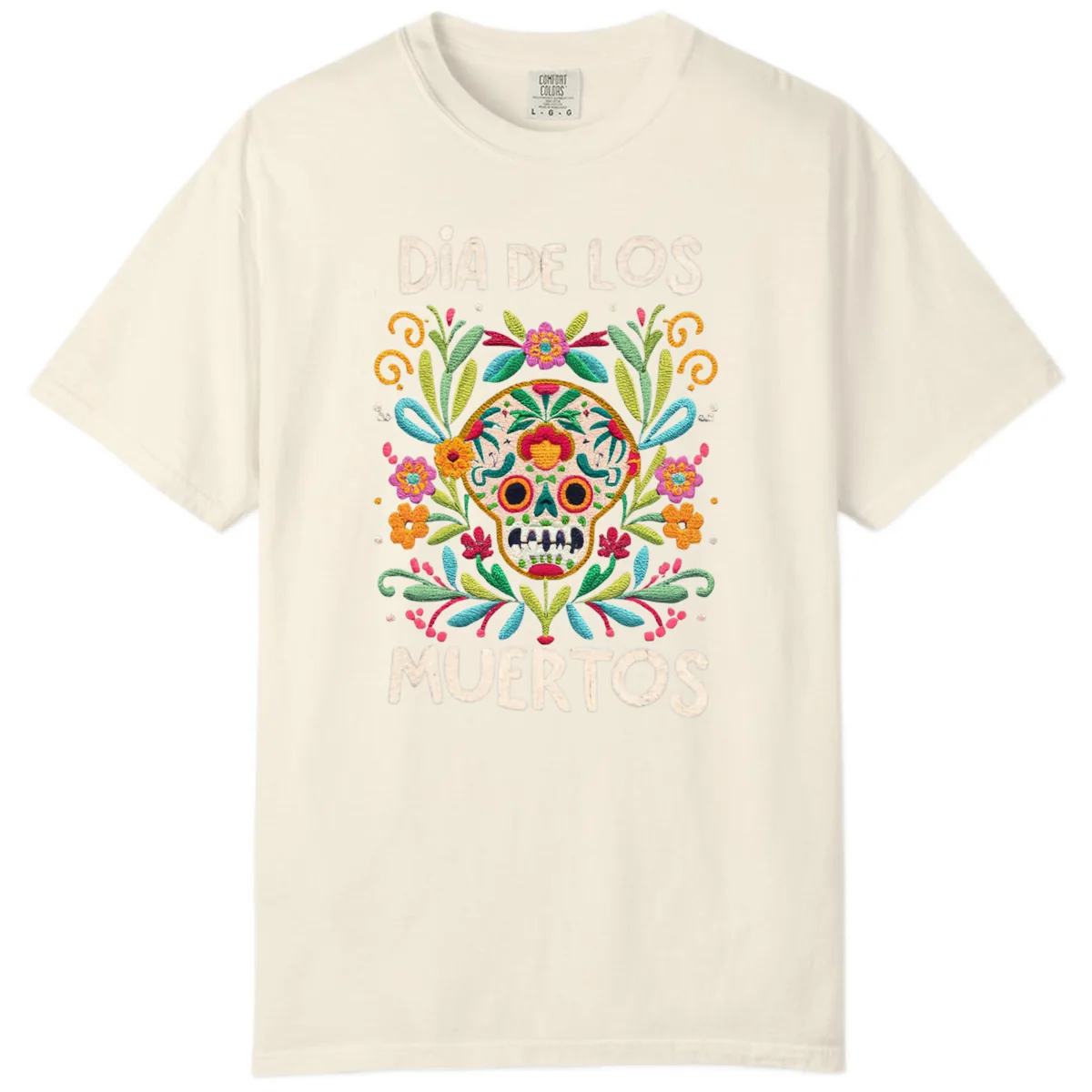 Día de los Muertos Embroidered Sugar Skull Comfort Color in Ivory