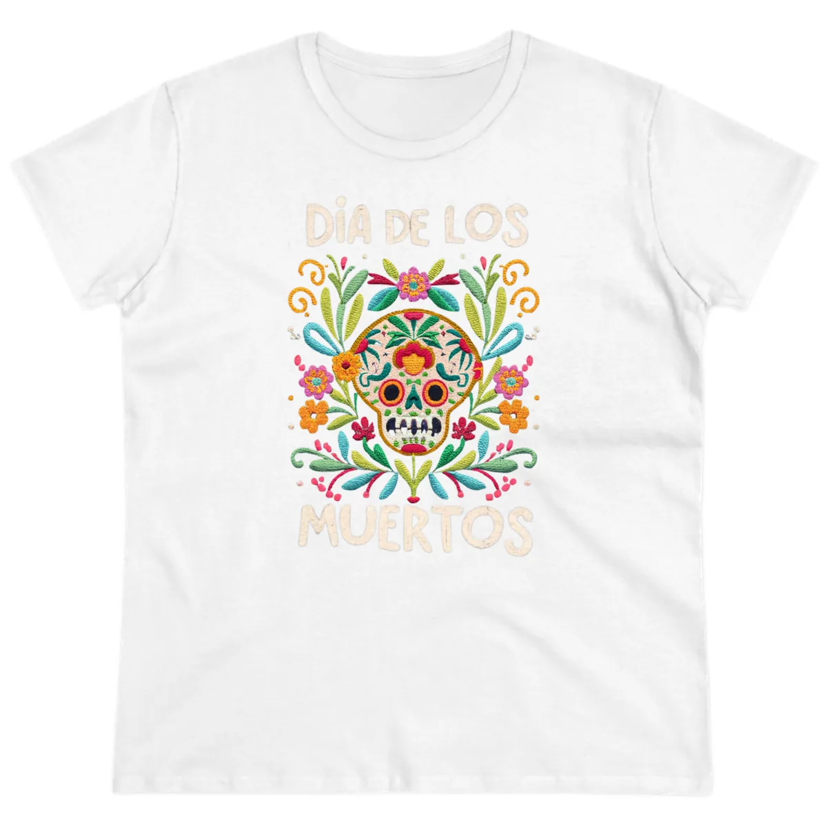 Día de los Muertos Embroidered Sugar Skull Ladies Tee in White