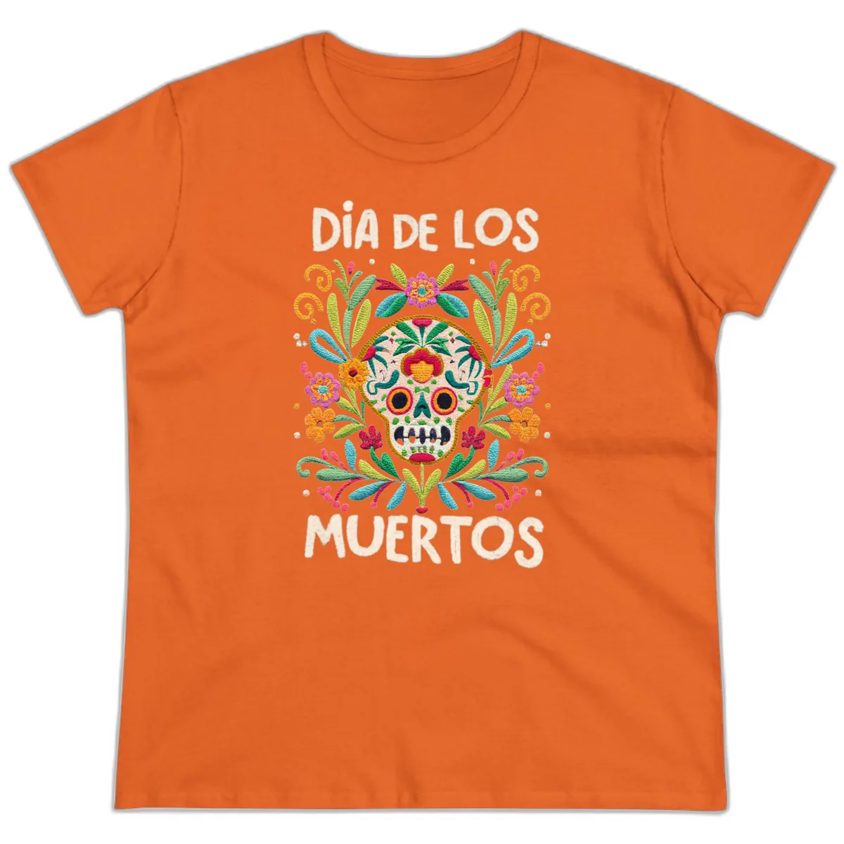 Día de los Muertos Embroidered Sugar Skull Ladies Tee in Orange