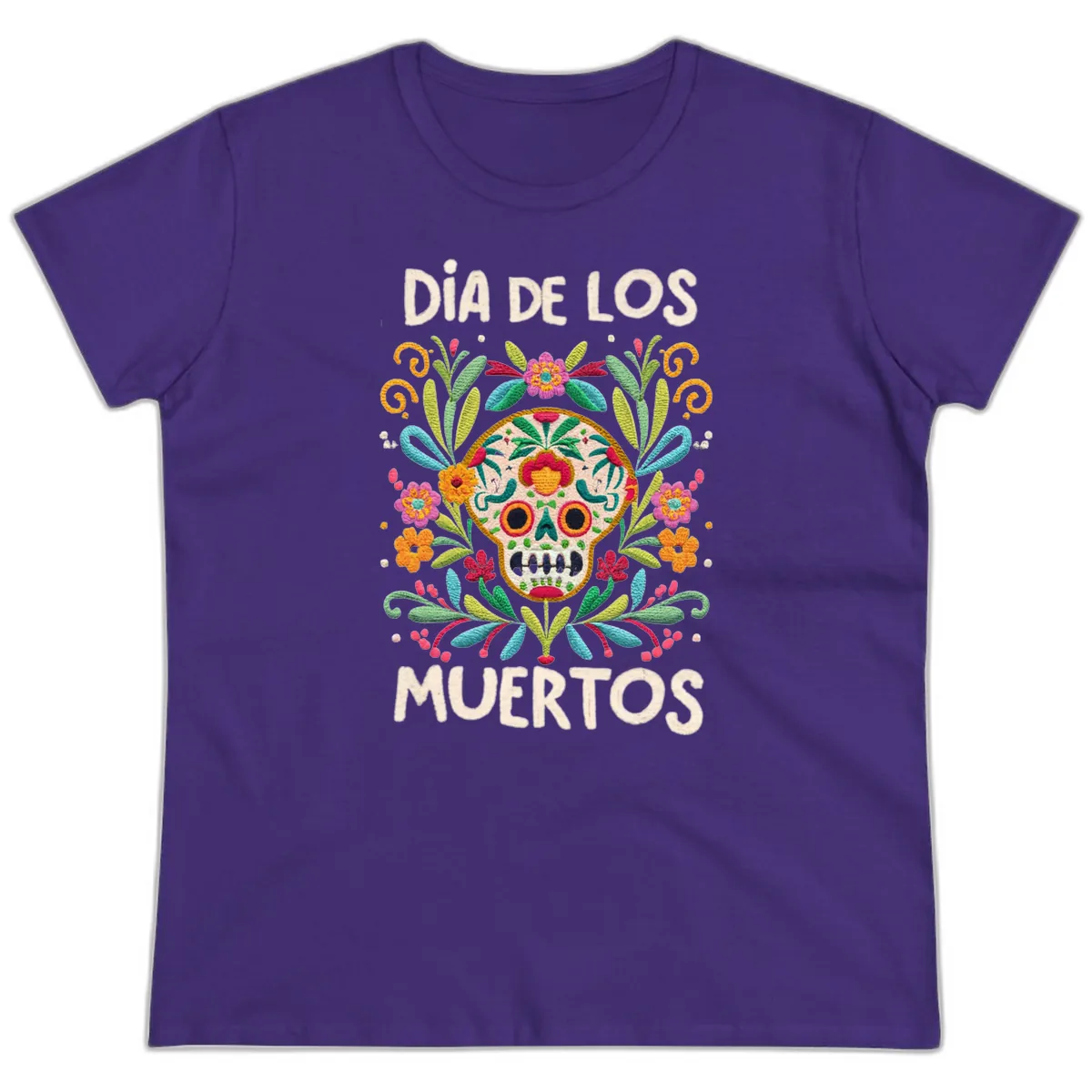 Día de los Muertos Embroidered Sugar Skull Ladies Tee in Purple