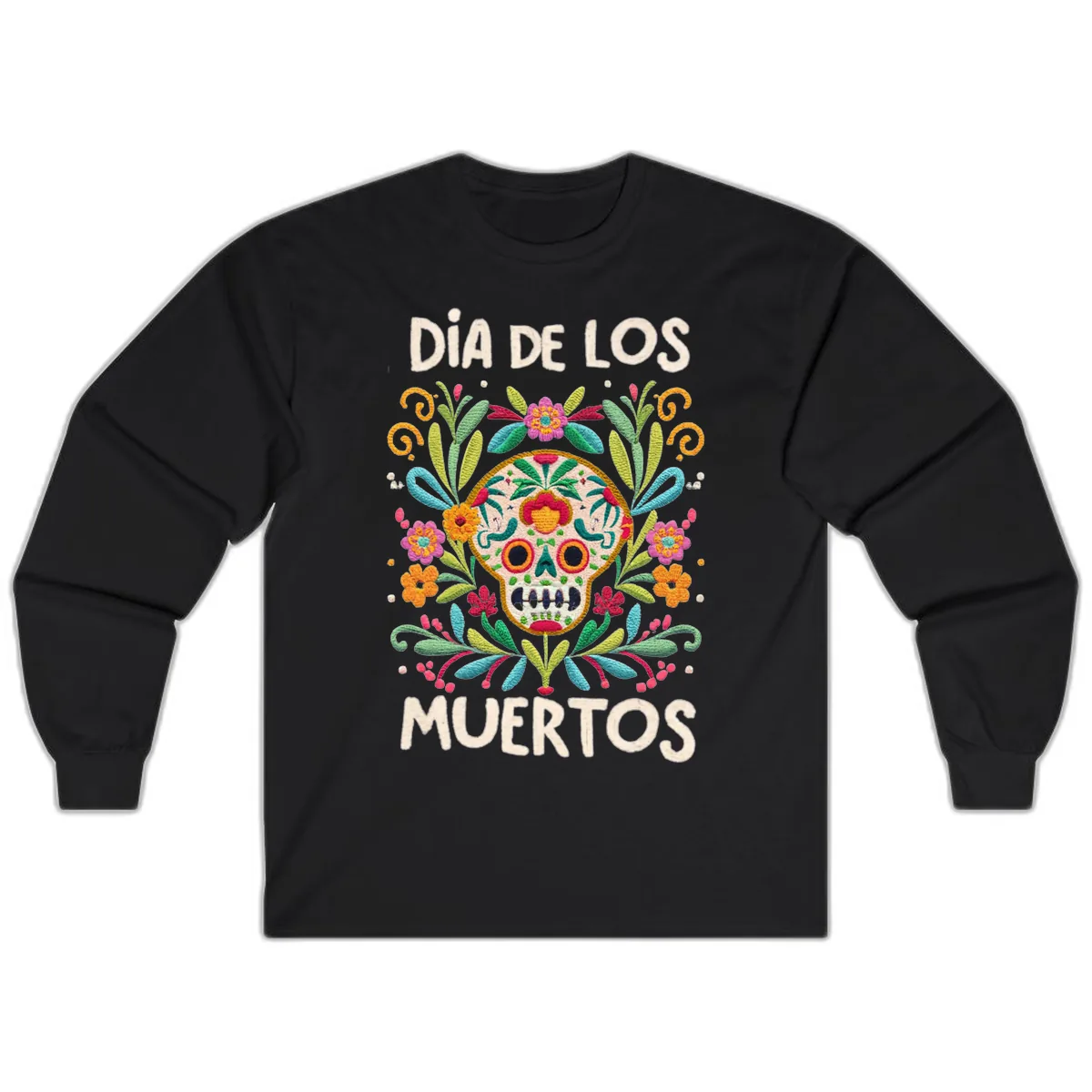 Día de los Muertos Embroidered Sugar Skull Long Sleeve in Black