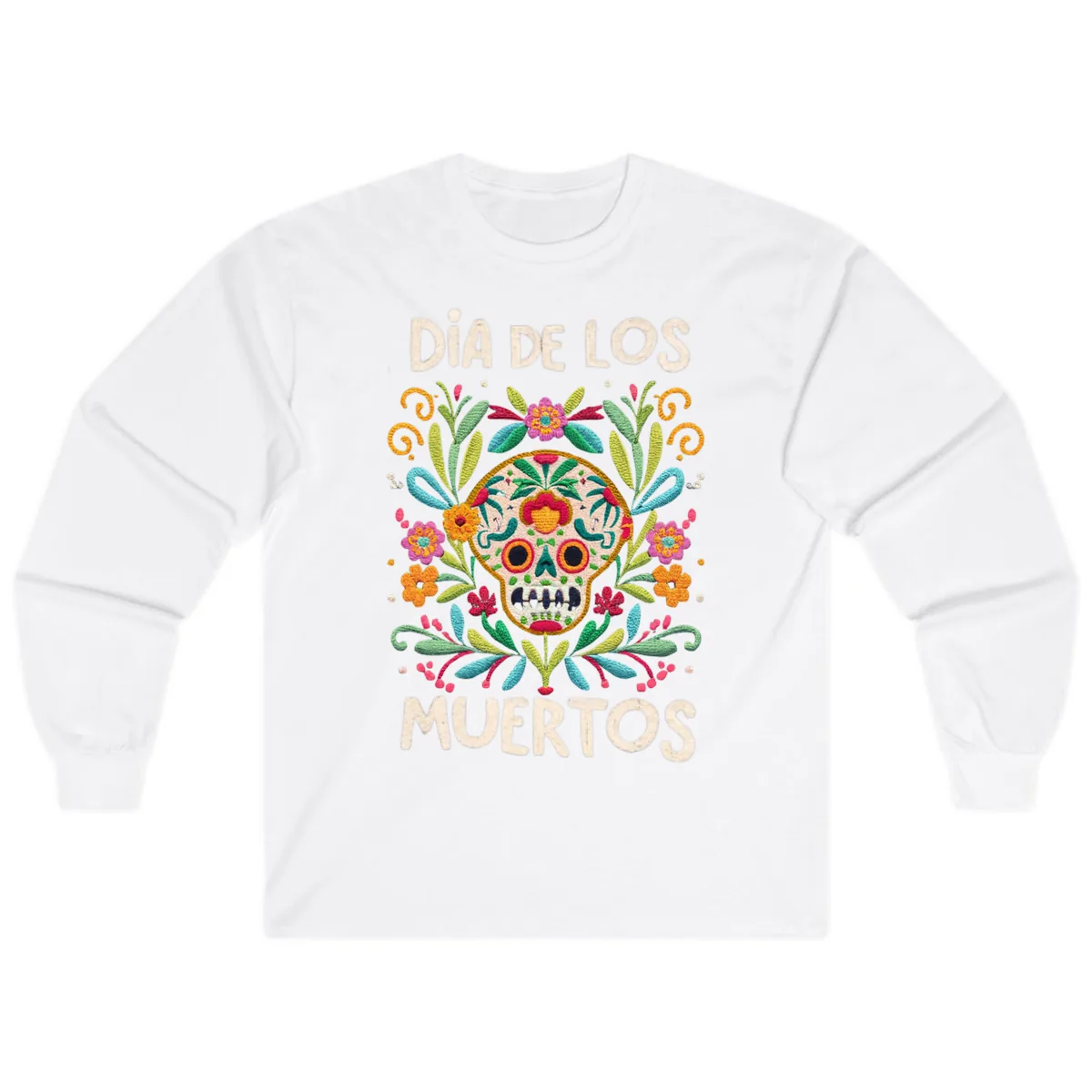 Día de los Muertos Embroidered Sugar Skull Long Sleeve in White