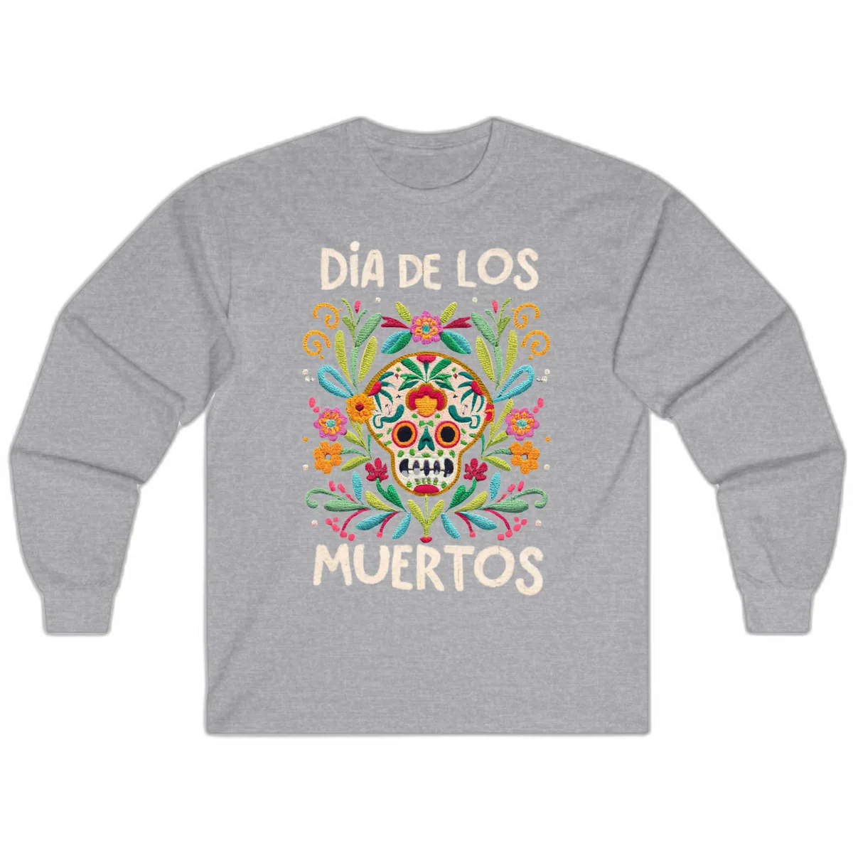 Día de los Muertos Embroidered Sugar Skull Long Sleeve in Sport Grey