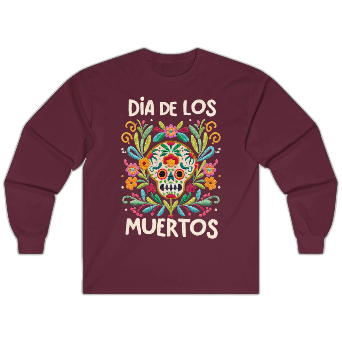 Día de los Muertos Embroidered Sugar Skull Long Sleeve in Maroon