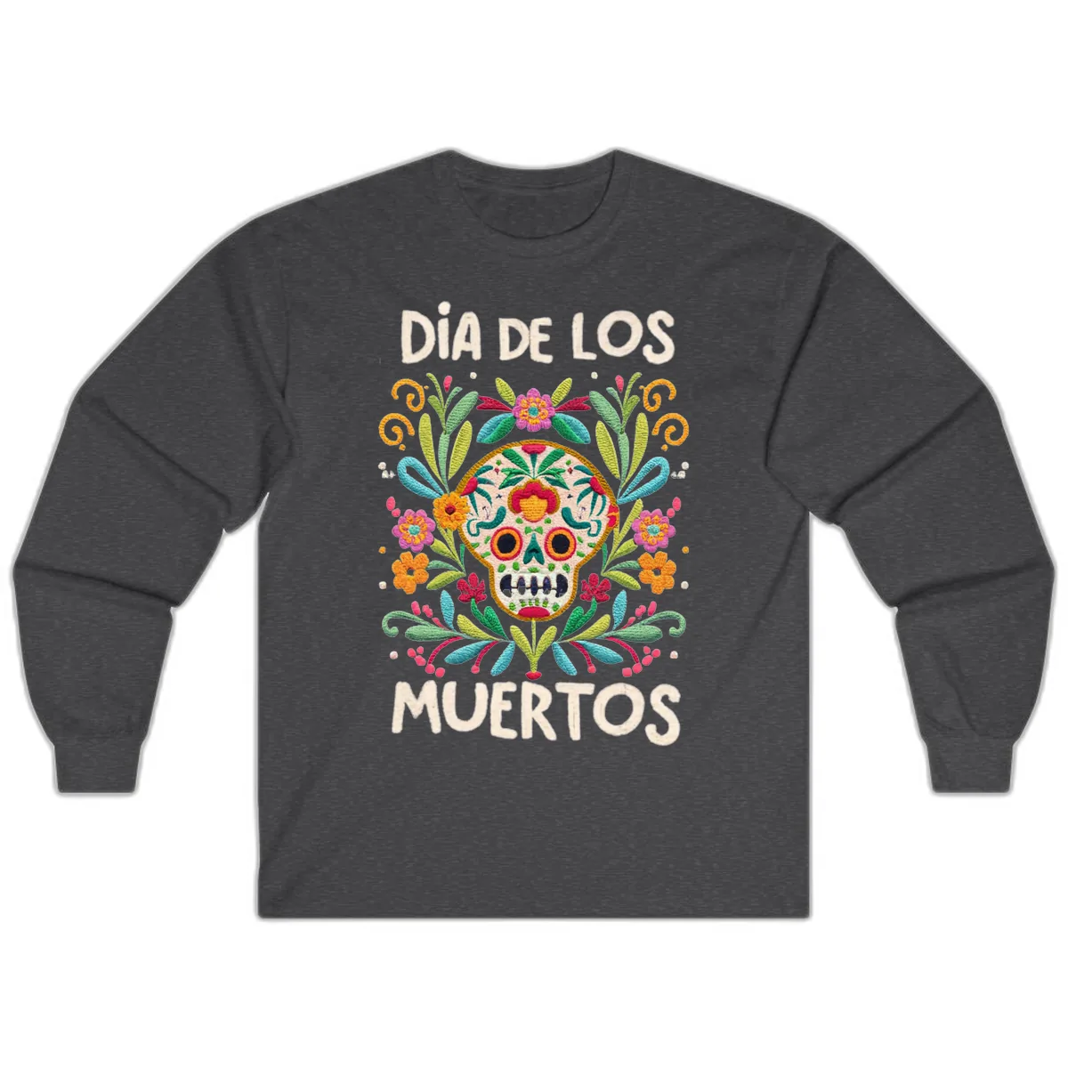Día de los Muertos Embroidered Sugar Skull Long Sleeve in Dark Heather