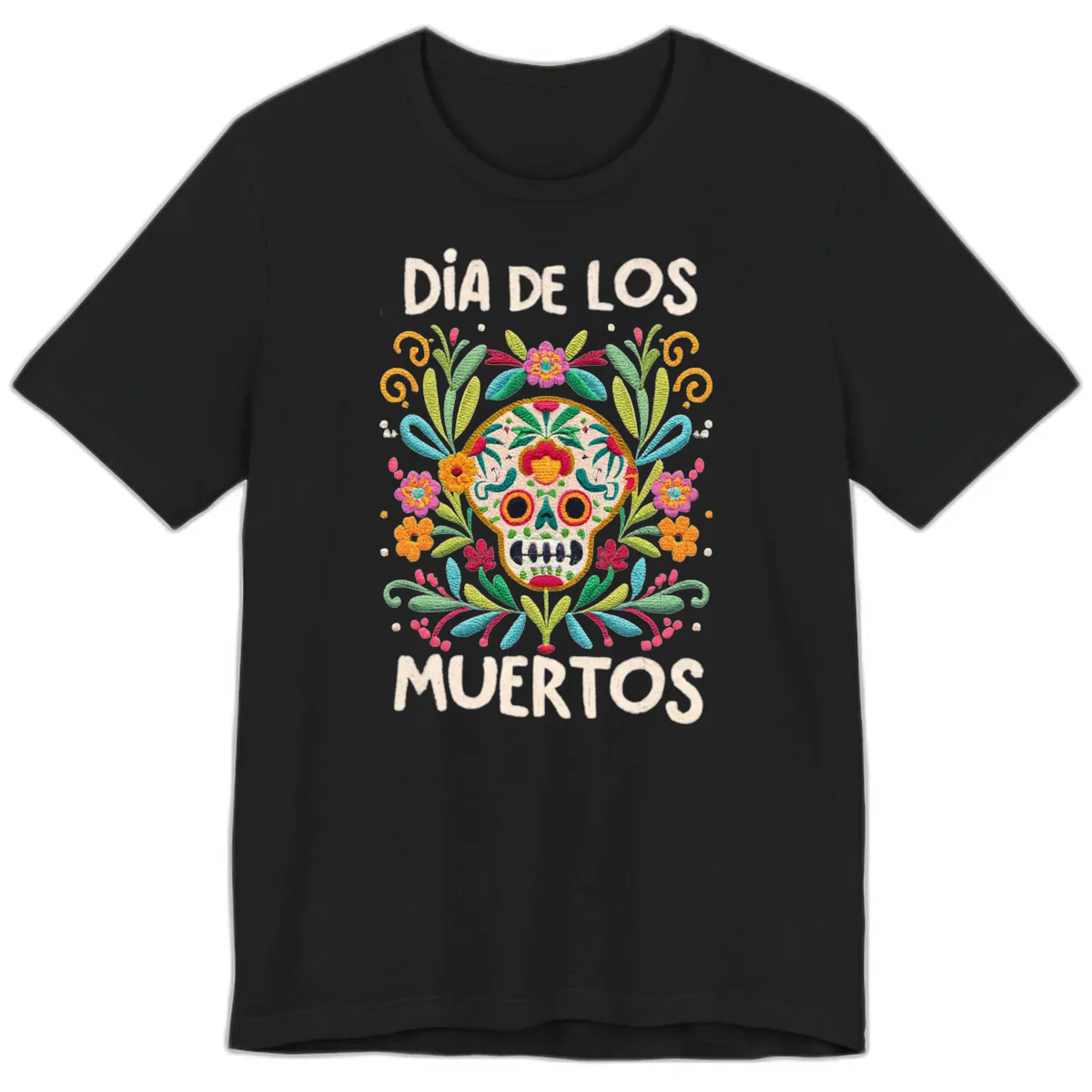 Día de los Muertos Embroidered Sugar Skull Premium T-Shirt in Black