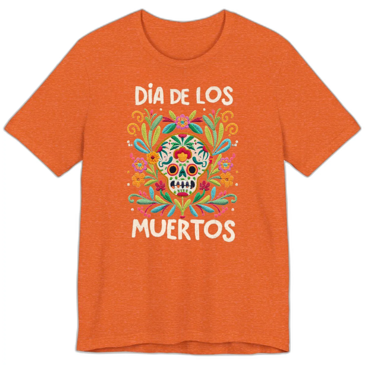 Día de los Muertos Embroidered Sugar Skull Premium T-Shirt in Heather Orange