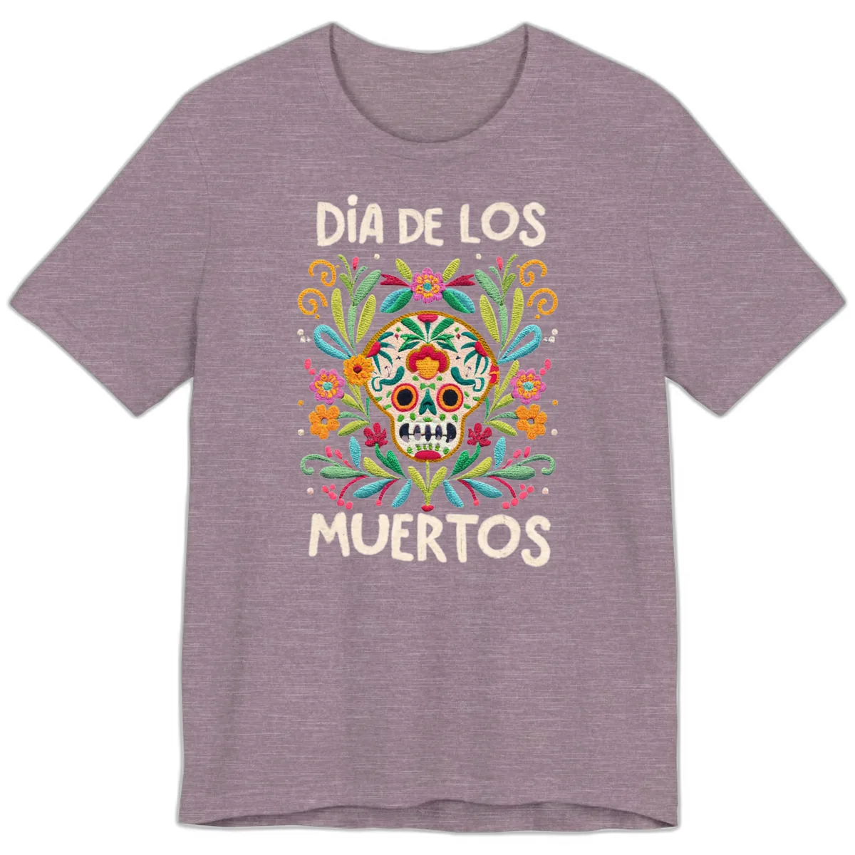 Día de los Muertos Embroidered Sugar Skull Premium T-Shirt in Heather Purple