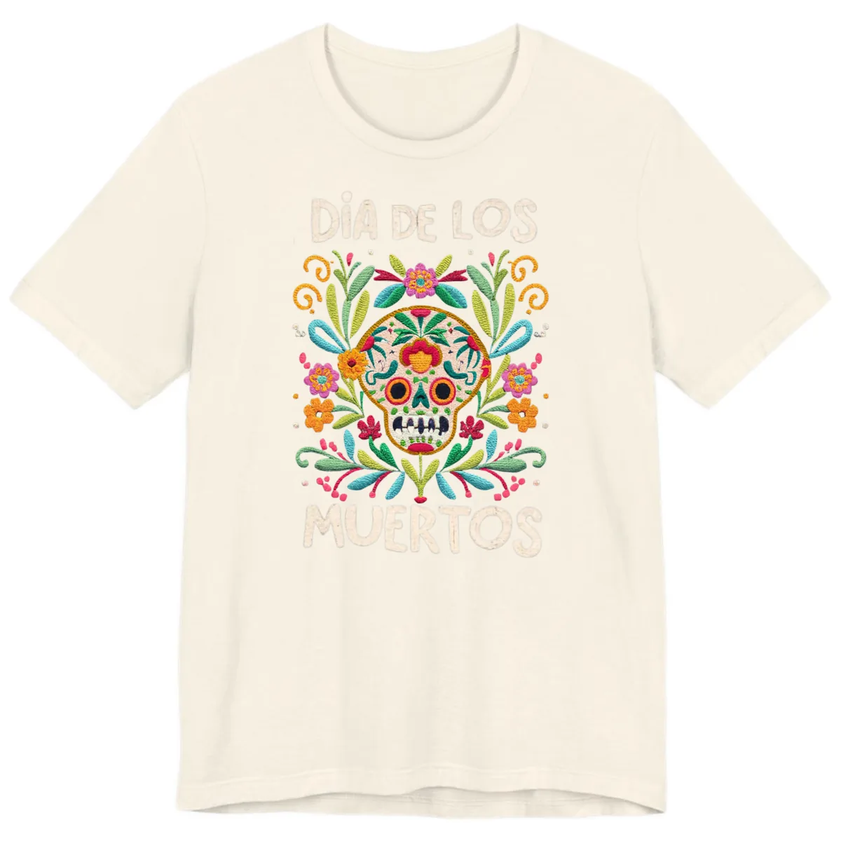 Día de los Muertos Embroidered Sugar Skull Premium T-Shirt in Natural